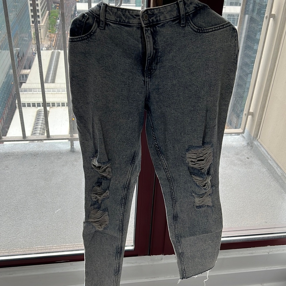 High rise Blue Washed Ripped Jeans- Hollister